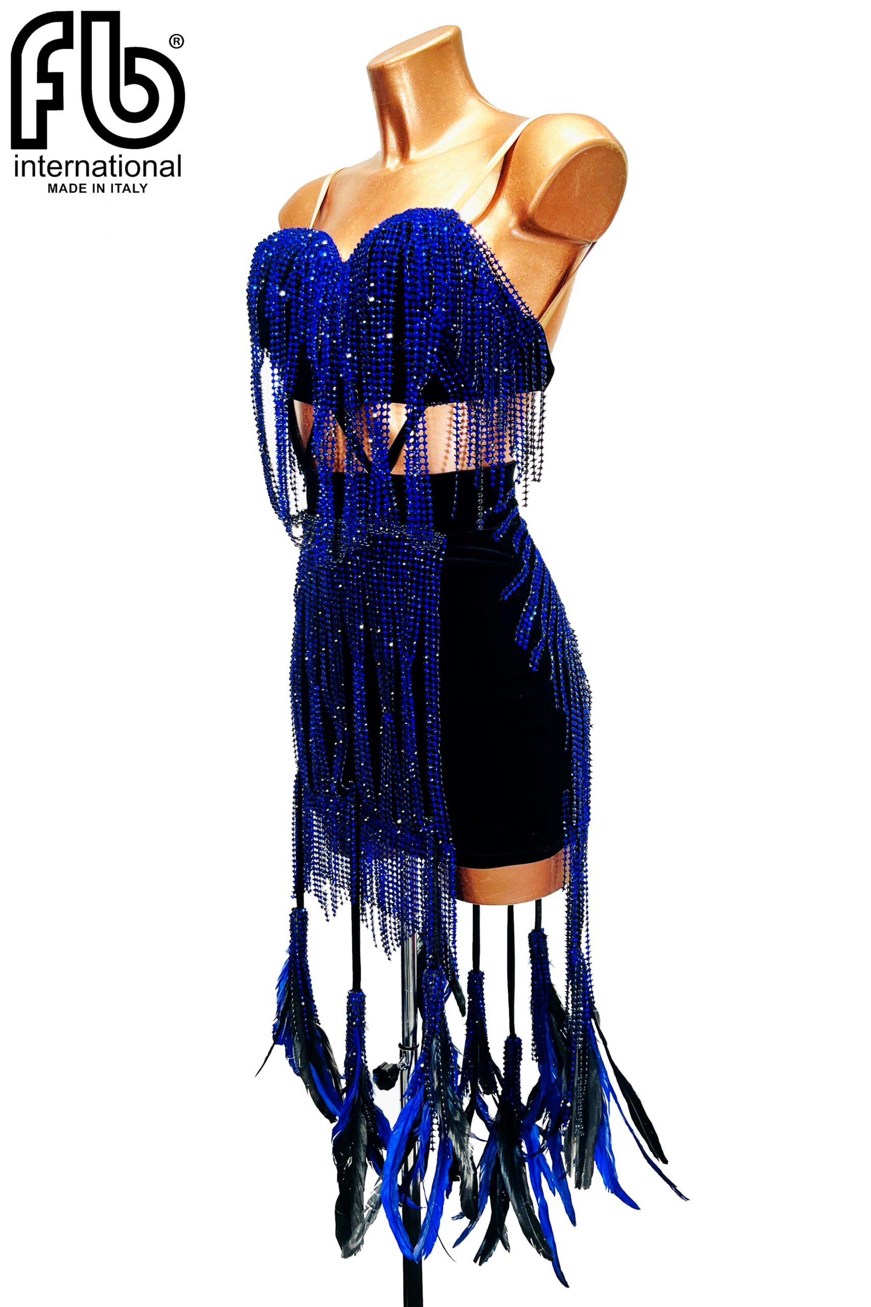 Abito da ballo latino americano da donna in velluto nero e rete di strass blu con piume