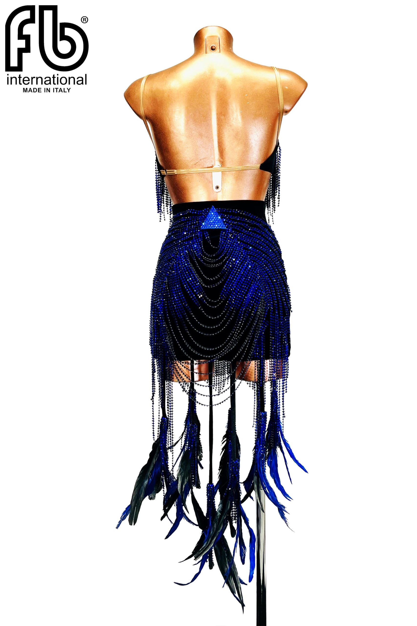 Abito da ballo latino americano da donna in velluto nero e rete di strass blu con piume