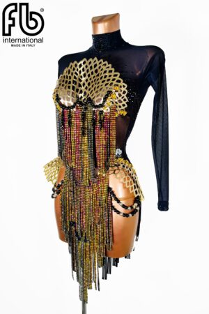 Abito da ballo latino americano da donna in velluto nero e rete di strass blu con piume