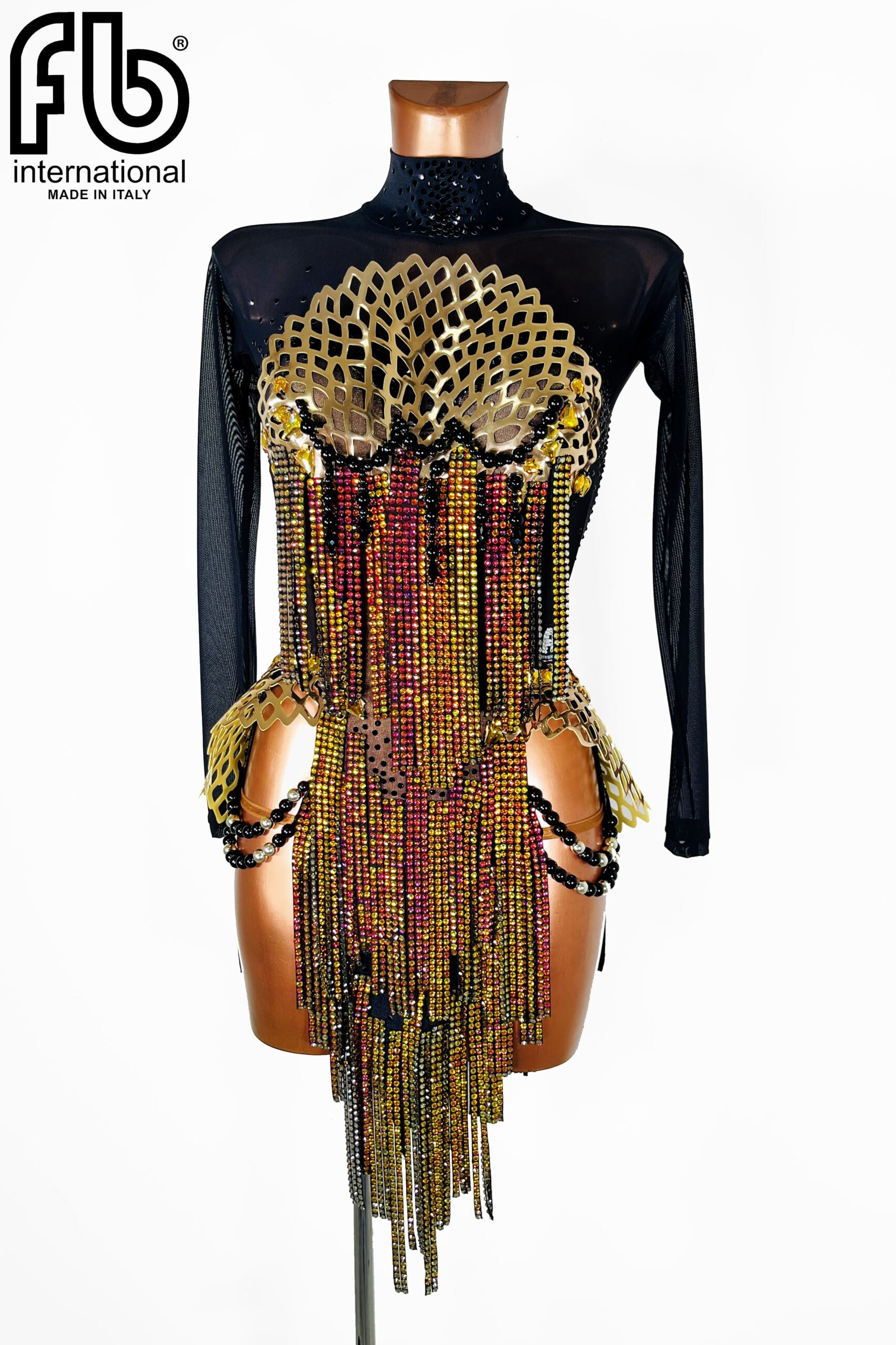 Abito da ballo latino americano da donna in retina nera e con applicazioni dorate in 3D e frangette di strass multicolor