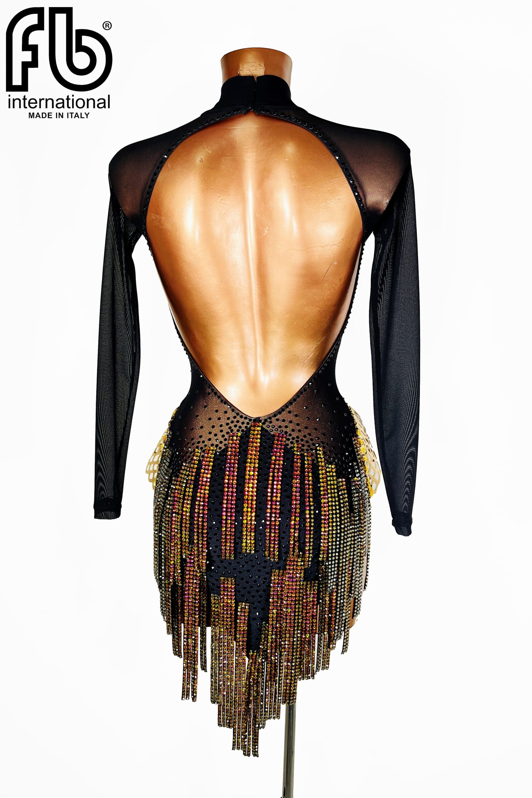 Abito da ballo latino americano da donna in retina nera e con applicazioni dorate in 3D e frangette di strass multicolor